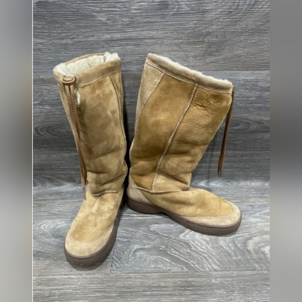 UGG vintage brown tan leather tall Drawstring boots sheepskin Platform Sherpa 9 - Picture 6 of 12